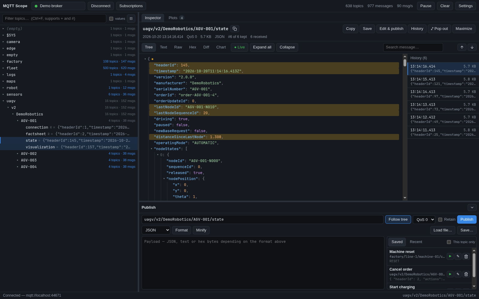 MQTT Scope showing the topic tree and a VDA5050 state message in the inspector