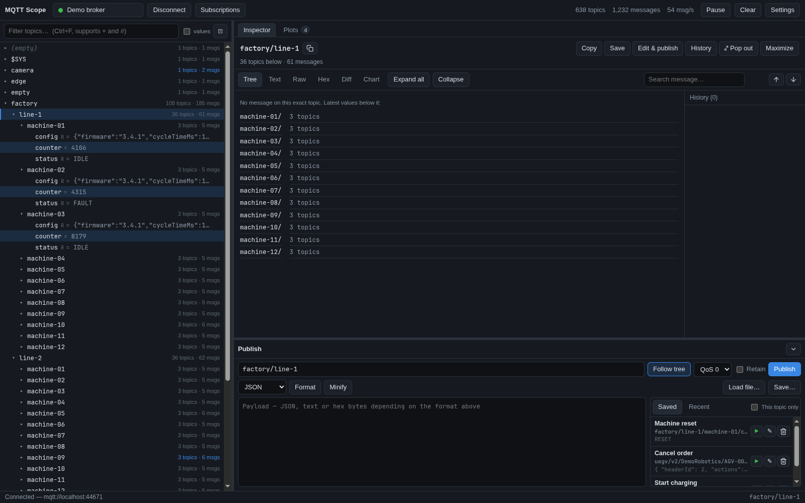 Topic tree with live values, and the latest values of a branch in the inspector